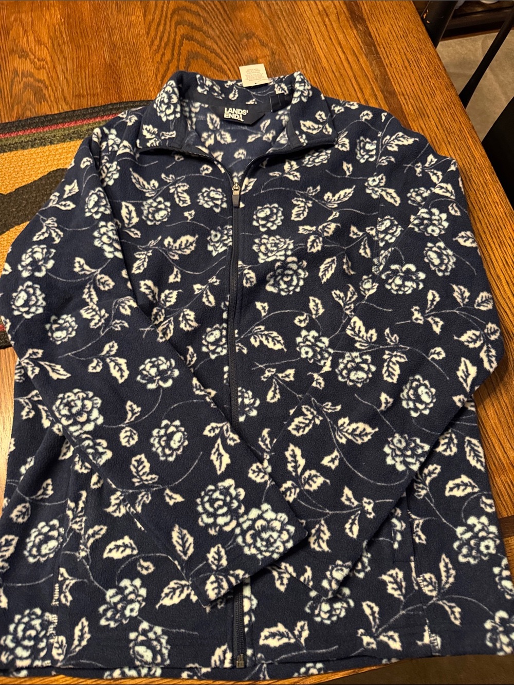 Lands' End Navy Blue & White Floral Full-Zip Fleece Jacket
